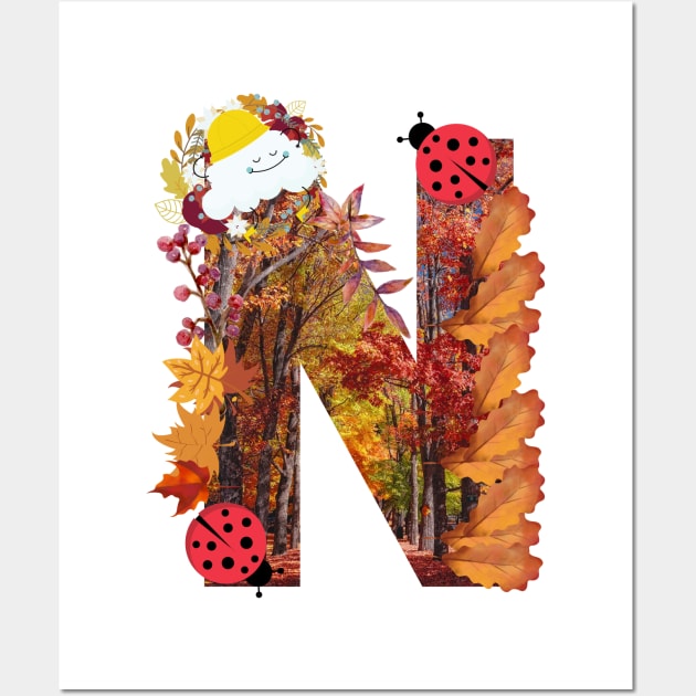 Letter N autumn fall leaves cloudy days theme September and October Brown colors gift idea Wall Art by CONCEPTDVS